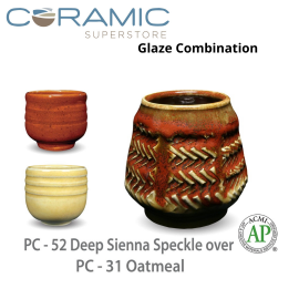 Deep Sienna Speckle PC-52 over Oatmeal PC-31 Pottery Cone 5 Glaze Combination Deep Sienna Speckle PC-52 over Oatmeal PC-31 Pottery Cone 5 Glaze Combination